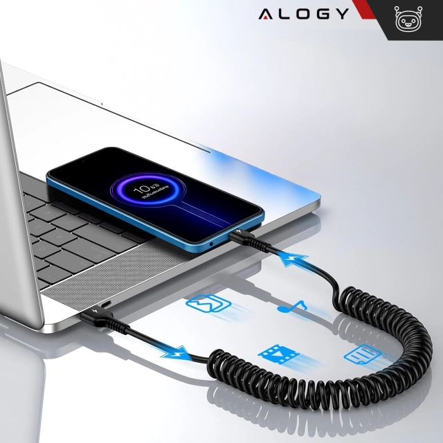 Спіральний автомобільний зарядний кабель Alogy 66W 5A 150cm USB to USB-C чорний