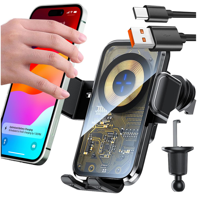 Автомобільний тримач з індукційним зарядним пристроєм 15 Вт Qi для автомобільної решітки для телефону 6.9" Alogy Black