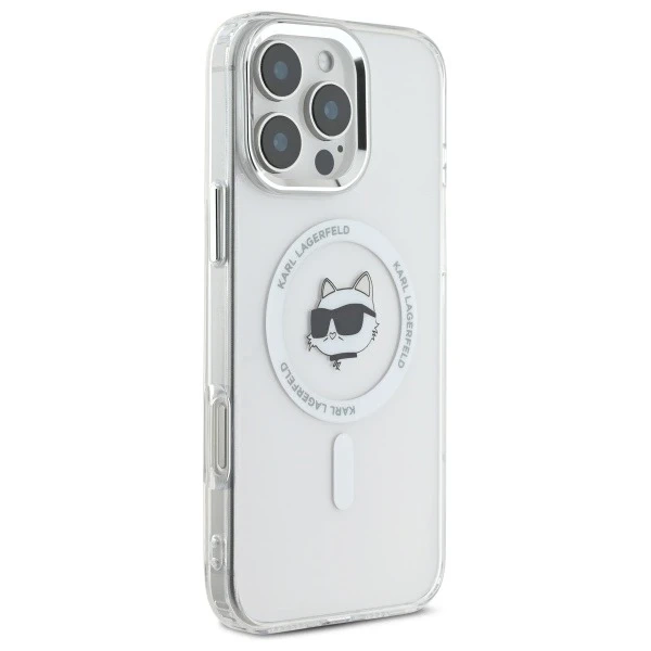 Karl Lagerfeld Hülle für iPhone 16 Pro Max 6,9" Weißes MagSafe Hardcase IML Metall Choupette Head