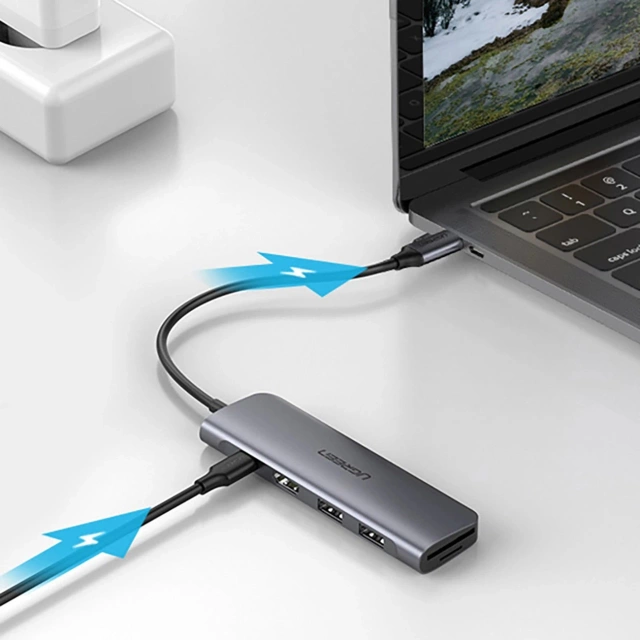 Ugreen CM195 Adapter USB-C HDMI USB-A SD TF PD 100W Hub 6in1 Gray