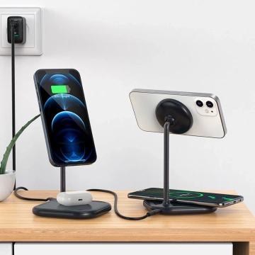 Bezdrátová nabíječka Acefast 15W Qi pro iPhone (s MagSafe) a stojánek Apple AirPods Magnetický držák šedý (E6 šedý)