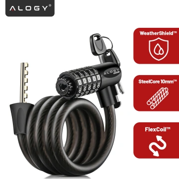 Bike lock, bike lock, strong cable, 120 cm, Alogy bike lock, code, key, black