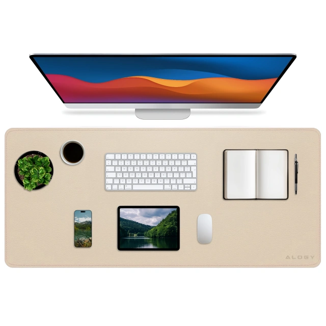 Desk pad 80×40 cm – anti-slip protective mat made of elegant PU eco-leather, for mouse and keyboard, stylish and durable – Alogy WorkMat™ Beige