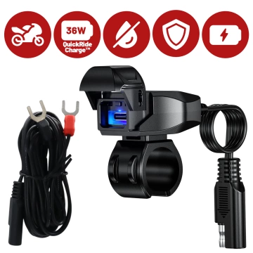 Kewig USB-C Motorcycle Charger 36W, QC Fast Charging, Waterproof IP65 with On/Off Switch and LED Backlight, Handlebar Mount, for Phone, Camera, Intercom – Black