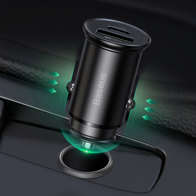 Baseus Circular Metal USB USB-C PD QC4.0 5A 30W nabíječka do auta černá