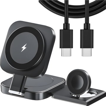 Qi Mag Safe 15W indukčná nabíjačka pre iPhone Apple Watch AirPods bezdrôtová dokovacia stanica 3v1 čierna