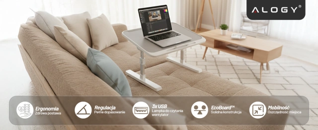 Stolik składany regulowany 60×35 cm – biurko na laptopa z szufladą i portem USB, składane nogi, stabilna konstrukcja do pracy i nauki – Alogy FoldDesk™