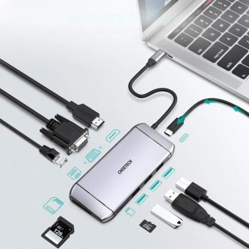 Choetech 9v1 multifunkčný USB Type C HUB - 3x USB 3.2 Gen 1 / čítačka kariet SD a TF / HDMI 4K 30 Hz / VGA Full HD 60 Hz / USB Type C / RJ45 sivý (HUB-M15 sivý)