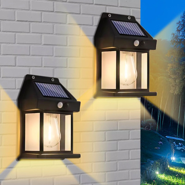 2x LED solárne fasádne nástenné svietidlo, vonkajšia žiarovka, pohybový senzor súmraku, vodotesné IP65, retro záhradné nástenné svietidlo [2 ks]