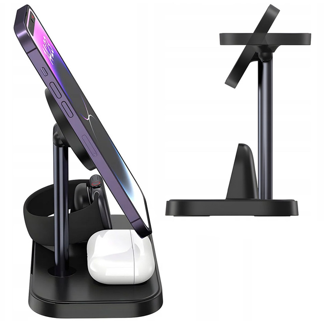 Qi Mag Safe 15W inductive charger for iPhone Apple Watch AirPods 3in1 wireless stand station Black