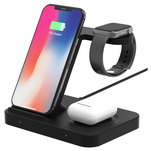 Індуктивний зарядний пристрій Qi 15W для iPhone Apple AirPods Wireless 2in1 Docking station Black