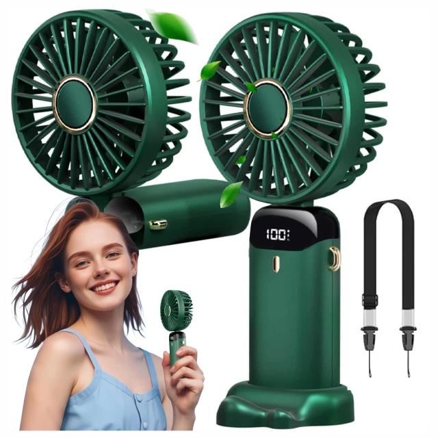 Wentylator Wiatrak Ręczny Bezprzewodowy, Przenośny i Biurkowy, z Uchwytem na Telefon, Ładowanie USB-C, Bateria 18650, Alogy CoolBreeze™ – Zielony