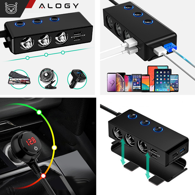Cigarette lighter socket splitter x3 car 4x USB QC 12-24V Charger Adapter switch 120W Alogy Black