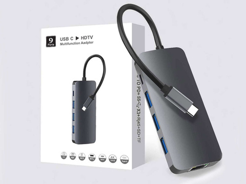Адаптер Alogy HUB 9w1 HDMI 4K RJ45 USB-C PD 3xUSB AV SD/TF/microSD