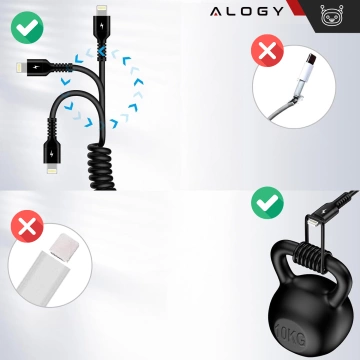Спіральний автомобільний кабель для зарядки Alogy для iPone 3A 150см USB A-Lightning чорний