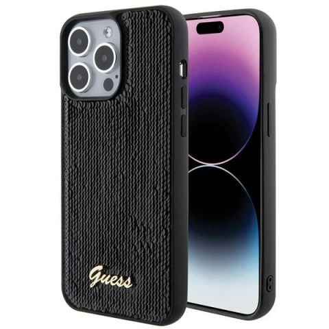 Etui Guess GUHCP15XPSFDGSK pro iPhone 15 Pro Max 6,7" černý/černý pevný obal Sequin Script Metal