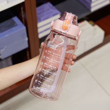 Motivational drinking water bottle with a straw, 1.5l, reminder, motivational measuring cup, handle, pink
