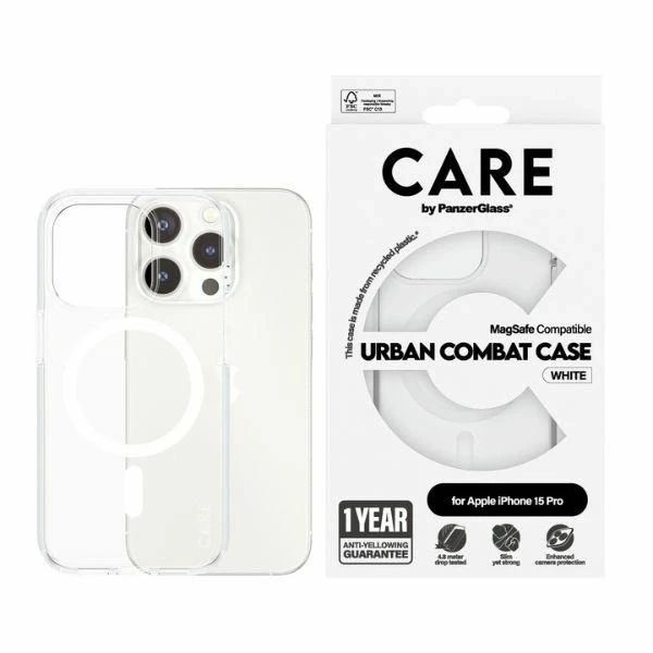 iPhone 15 Pro CARE by PanzerGlass Urban Combat Case MagSafe Clear with White Magnets