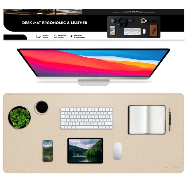 Schreibtischunterlage 80 × 40 cm – rutschfeste Schutzmatte aus elegantem PU-Kunstleder, für Maus und Tastatur, stilvoll und langlebig – Alogy WorkMat™ Beige