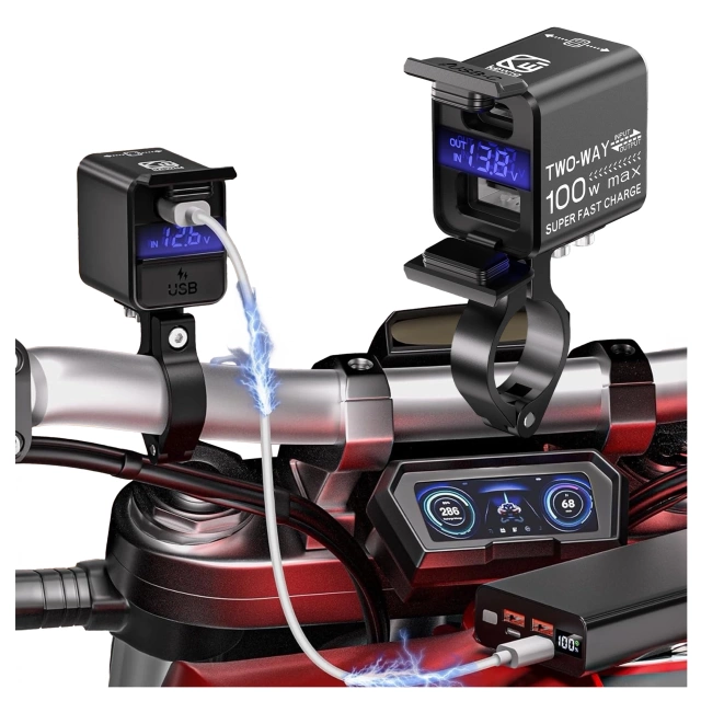 Kewig Motorcycle Charger, Universal Aluminum 100W, Bi-directional with Voltmeter, Fast Charging USB-A and USB-C, Smart and Waterproof - Black