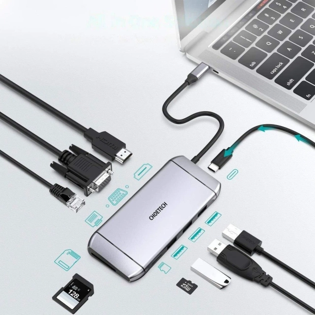 Choetech 9in1 multifunctional USB Type C HUB - 3x USB 3.2 Gen 1 / SD and TF card reader / HDMI 4K 30Hz / VGA Full HD 60Hz / USB Type C / RJ45 gray (HUB-M15 gray)