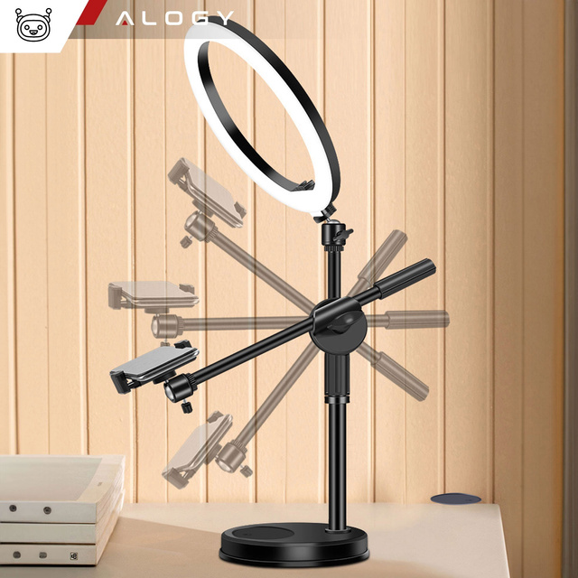 Ring LED ring lamp 10" 2x phone holder standing tripod on desk with adjustable frame Alogy Black