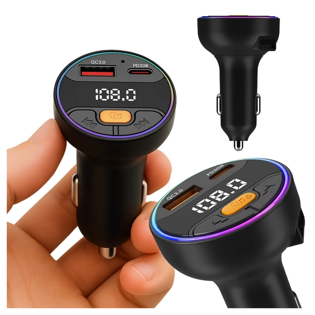 Transmiter samochodowy z Ładowarką Alogy PowerTune USB-A USB-C szybkie ładowanie PowerDelivery PD30W Quick Charge QC3.0 Czarny