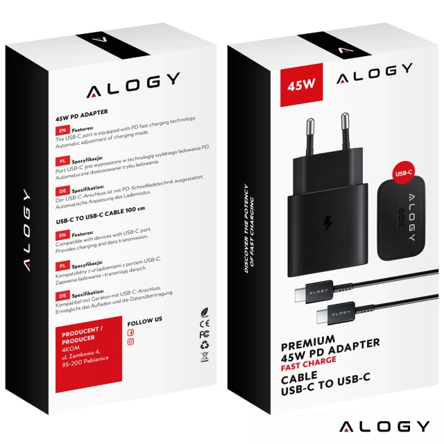 USB-C typ C PD Premium nástenná nabíjačka rýchla 45 W 3A kábel typu C 1M Alogy čierna