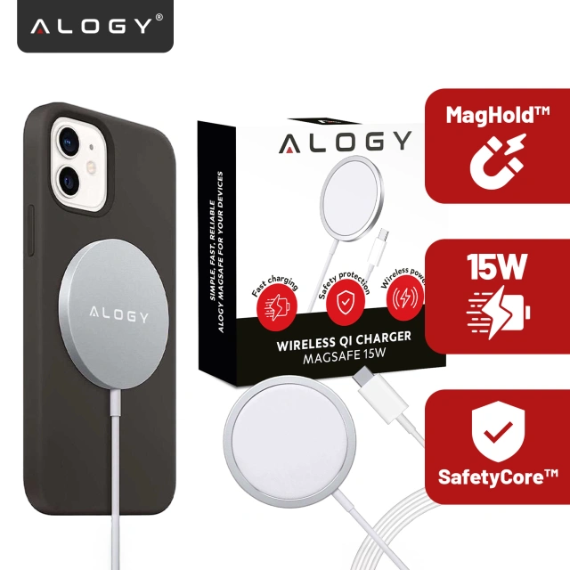 Ładowarka indukcyjna do iPhone do MagSafe – bezprzewodowa 15W, szybkie i stabilne ładowanie dla iPhone 12/13/14/15/16/17/ Pro / Max / Mini / Air – Alogy MagCharge™ Biała