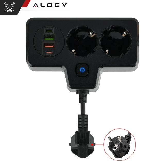 Alogy Plug Extender rozbočovač zásuvek rozbočovač adaptér prodlužovací kabel 2x EU zástrčka 2x USB 2x USB-C Černá