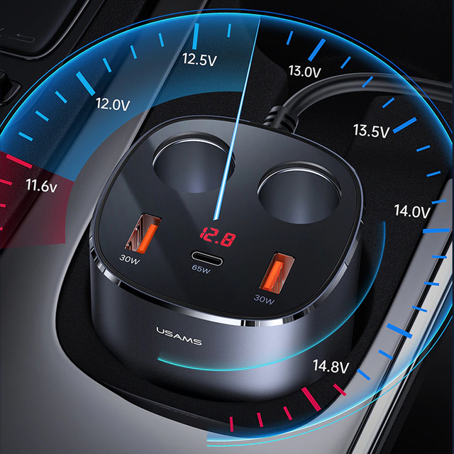 USAMS rozbočovač zásuvky do zapalovače nabíječka do auta 2x USB 1x USB-C 245W šedá