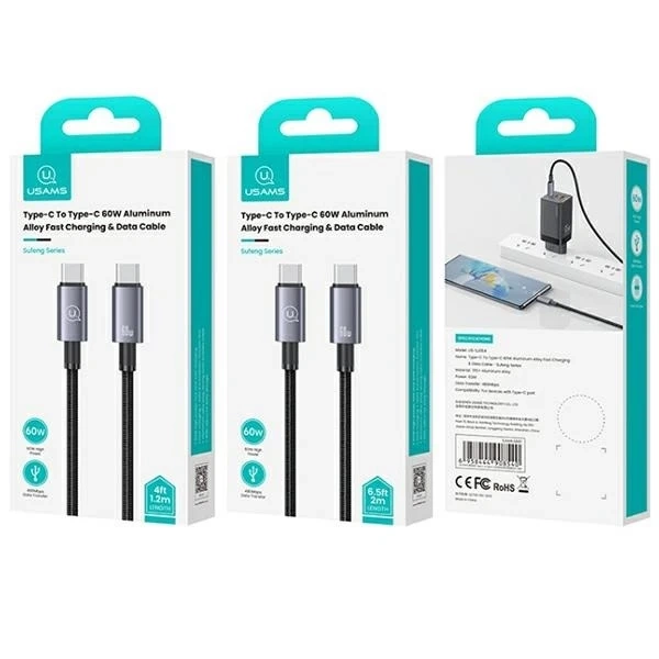 Кабель USAMS US-SJ664 USB-C - USB-C 2 м, 60 Вт, нейлонове обплетення, чорний