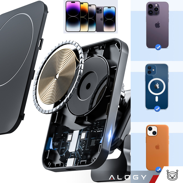 Автомобільний тримач із зарядним пристроєм Qi для MagSafe Alogy на решітці 15W Black