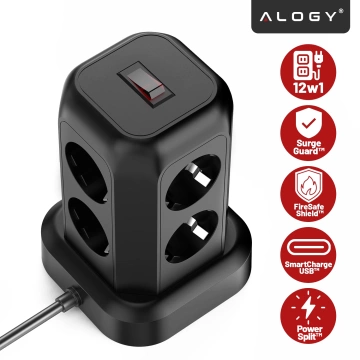 Przedłużacz 12w1 Rozdzielacz wieża ładująca Alogy ChargeTower Pro 2500W 8x gniazdo ładujące 3x USB.A 1x USB.C kabel 1.8m Czarny