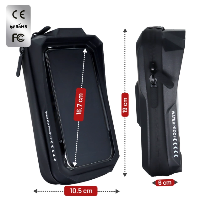 Držák na telefon na motocykl a kolo pro telefony do 7" Voděodolný, IP66 s dotykovou obrazovkou, s portem pro kabel, pro motocykly, kola, skútry, Kewigy - černý