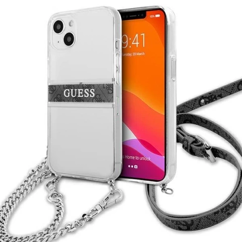 Guess GUHCP13SKC4GBSI iPhone 13 mini 5,4" průhledný pevný obal 4G šedý pásek stříbrný řetízek
