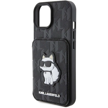 Etui Karl Lagerfeld KLHCP15SSAKCNSCK na iPhone 15 6,1" čierne/čierne pevné puzdro Saffiano sloty na karty a stojan Monogram Choupette