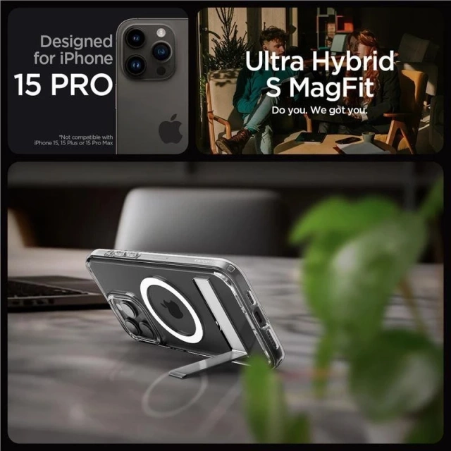 Spigen Ultra Hybrid S MagSafe Hülle mit Ständer für iPhone 15 Pro – transparent