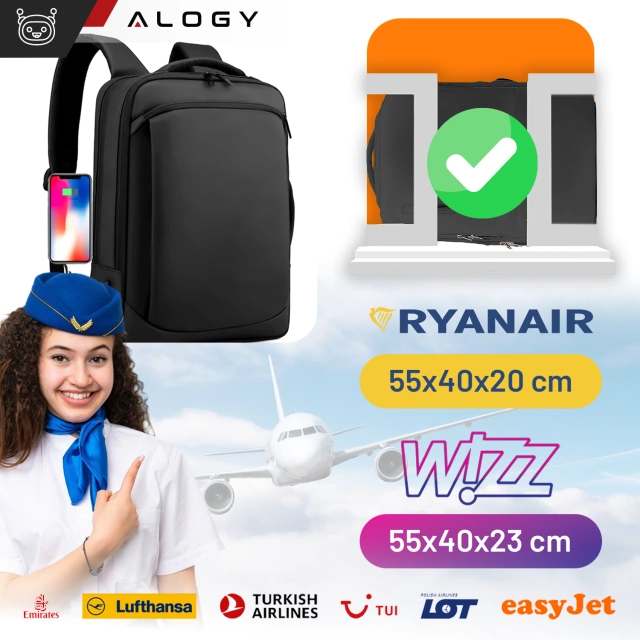 Рюкзак Сумка для ноутбука 15,6 дюйма Чоловіча жіноча велика USB-валіза для літака унісекс 42x30x10 см Alogy водонепроникна чорна