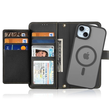 iPhone 15 Dux Ducis Lawa Leder Wallet Case MagSafe Schwarz