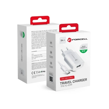 Зарядний пристрій Forcell QC 3.0 USB-C 18 Вт, кабель 1,2 м, білий