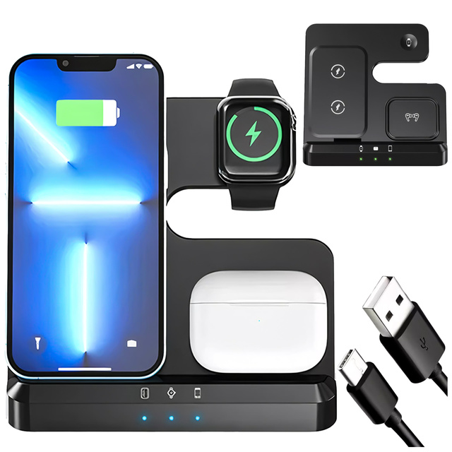 Wireless Charger Inductive Qi QC 3.0 3in1 Fast for Apple iPhone Airpods Watch Charging Station 15W Black