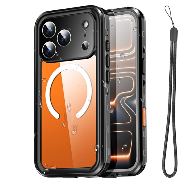 Etui Wodoodporne do Apple iPhone 17 Pro Max 6,9", Pancerna Obudowa 360° z Przezroczystym Tyłem, Kompatybilna z MagSafe, Alogy HydroArmor™ IP68 Case – Czarne