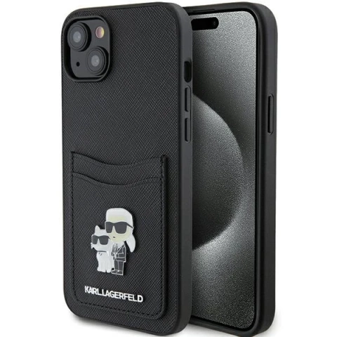 Etui Karl Lagerfeld KLHCP15SSAPKCNPK do iPhone 15 6,1" čierne/čierne pevné puzdro Saffiano Cardslot Karl