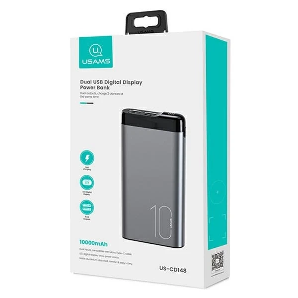 USAMS Powerbank PB55 10000mAh 2xUSB LED display grey/grey 10KCD14801 (US-CD148) aluminum