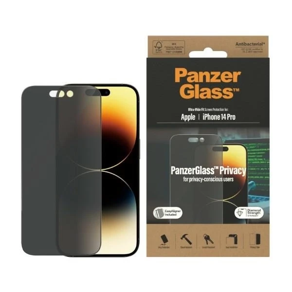 Szkło PanzerGlass Ultra-Wide Fit pro iPhone 14 Pro 6,1" Ochrana soukromí obrazovky Antibakteriální Snadné zarovnání Včetně P2784