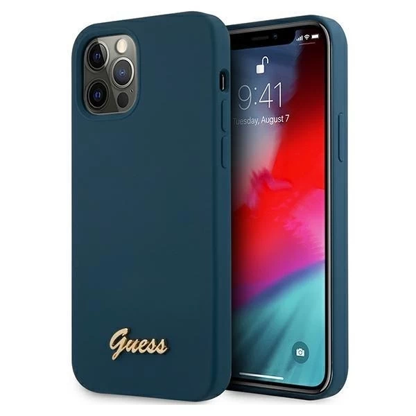 Guess GUHCP12LLSLMGBL iPhone 12 Pro Max 6,7" niebieski/blaues Hardcase Metall-Logo-Skript