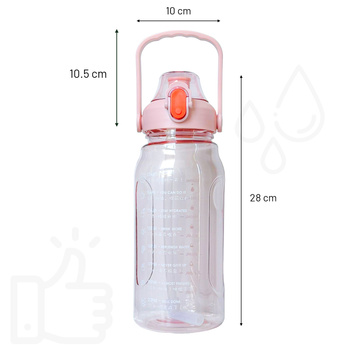 Motivační láhev na pitnou vodu s brčkem, 1,5l, připomínka, motivační odměrka, rukojeť, růžový mycí kartáč