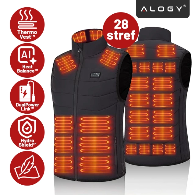 Kamizelka grzewcza z 28 strefami – 4-stopniowa regulacja temperatury, zasilanie USB, idealna na zimę i aktywności outdoor – Alogy ThermoVest™ Czarna (L)