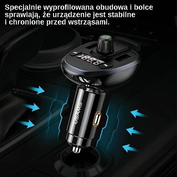 Автомобільний комплект USAMS C21 hands-free з FM-трансмітером, Bluetooth 5.0, MP3, 2xUSB 3.4A CC115GC01 (US-CC115) чорний/чорний